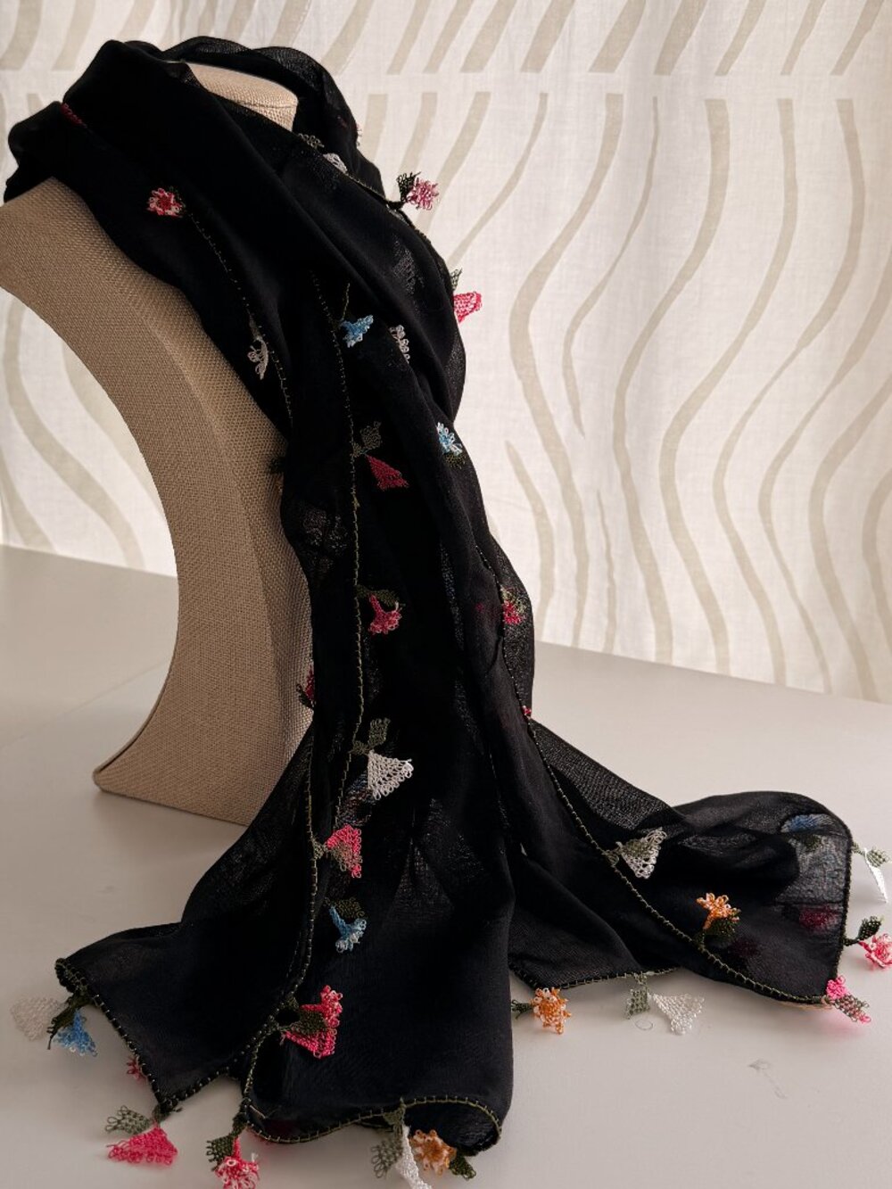 Traditional Turkish Oya Lace Edged Scarf Long Rectangular 100% Lawn Cotton - Picture 2 of 9